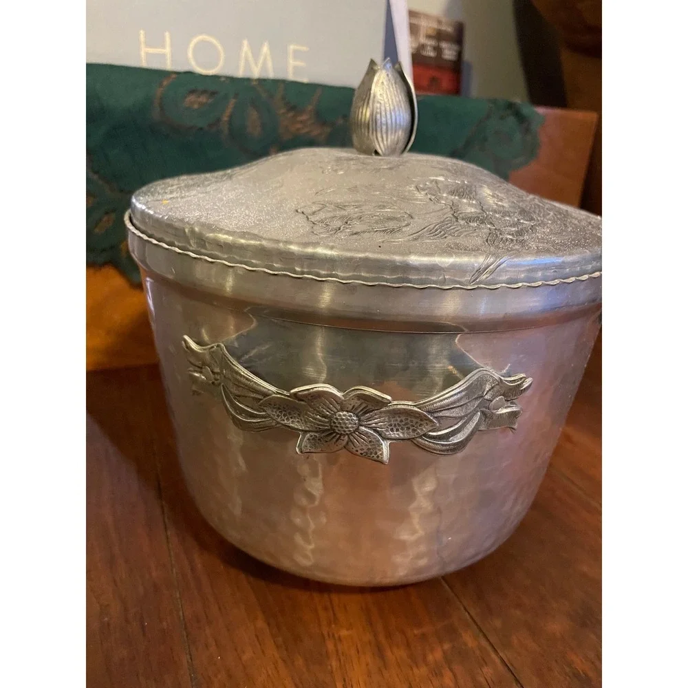 Antique Hammered Aluminum Ice Bucket Floral Tulip Lid Finial Mid Century Modern
